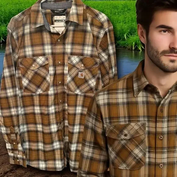 Carhartt Men's Rugged Flex Relaxed Lightweight Long-Sleeve Snap Plaid Shirt M - Picture 7 of 7